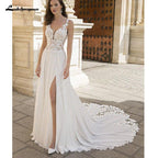 NumberSea - NumberSea NumberSea A - Line Split Chiffon Illusion Bodice Backless Beach Wedding Dresses for Women Appliques Summer Boho Bride Dress