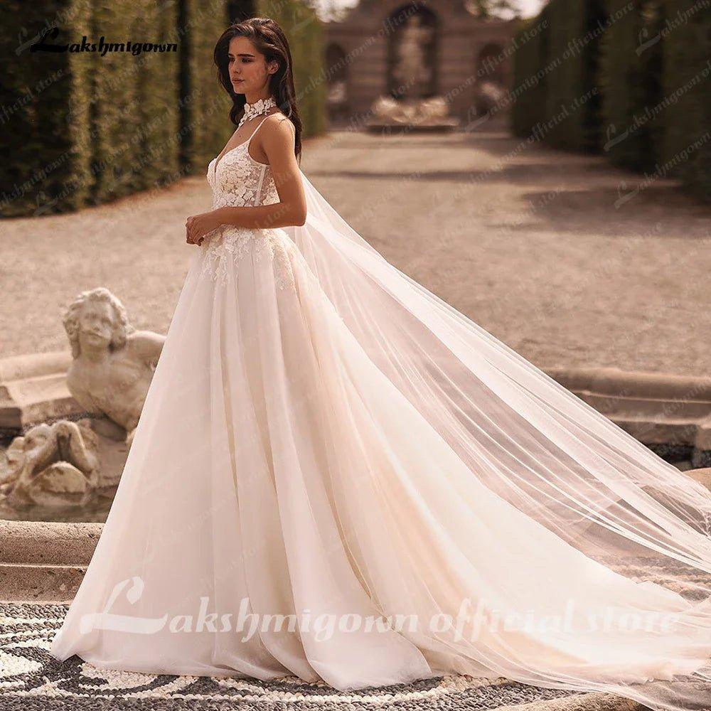 NumberSea-NumberSea NumberSea Women A Line Lace Wedding Dresses 2024 with Cape Robes Femmes Chic Bridal Boho Beach Wedding Gowns Spaghetti Straps
