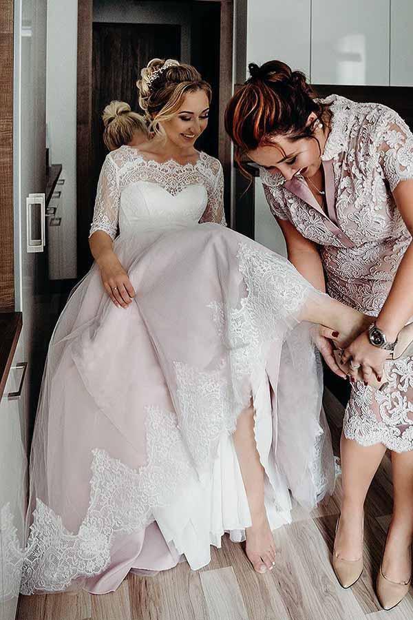 NumberSea - NumberSea Pink Tulle Lace Backless Half Sleeves Lace Up Wedding Dresses, Bridal Gown, MW742