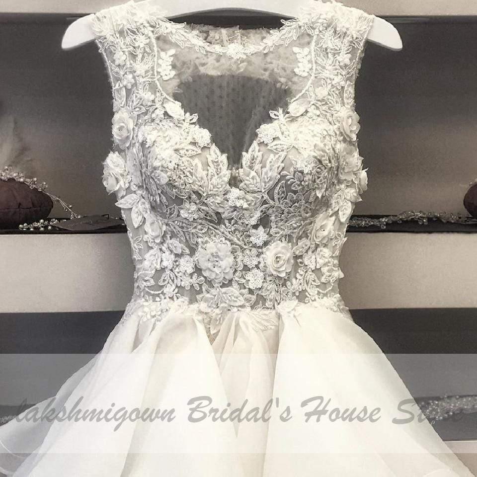 NumberSea - NumberSea Pretty Organza Ruffles Wedding Dress Short Vintage Lace Flowers