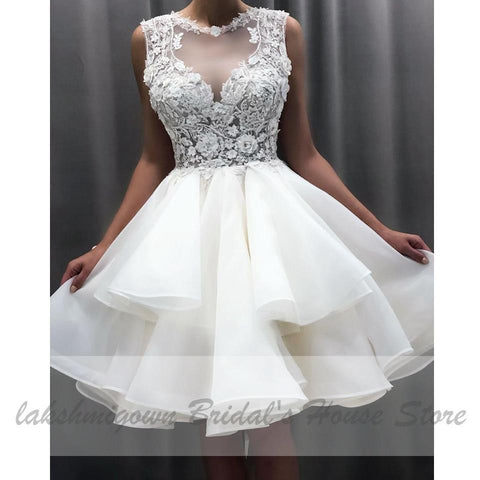 NumberSea - NumberSea Pretty Organza Ruffles Wedding Dress Short Vintage Lace Flowers