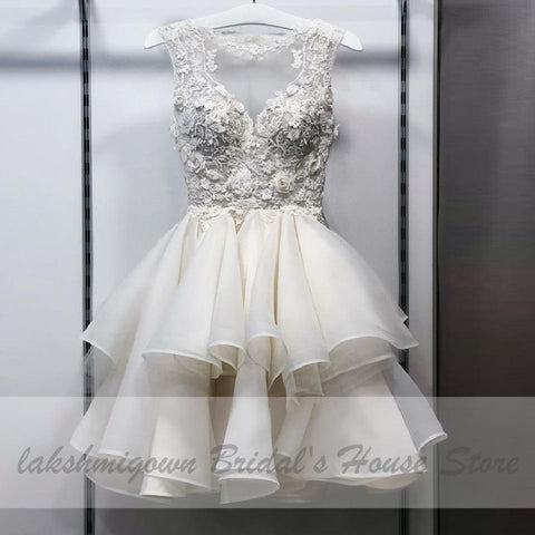 NumberSea - NumberSea Pretty Organza Ruffles Wedding Dress Short Vintage Lace Flowers