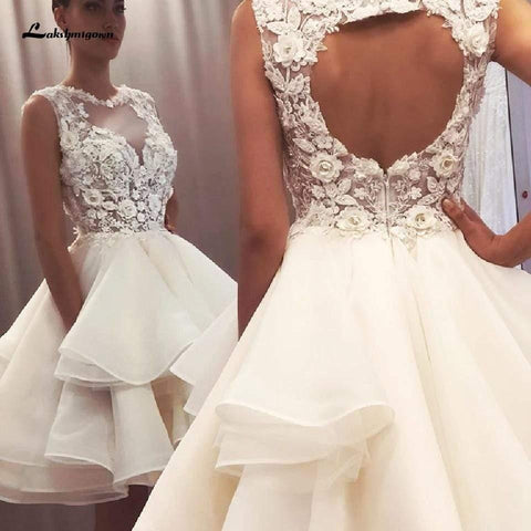 NumberSea - NumberSea Pretty Organza Ruffles Wedding Dress Short Vintage Lace Flowers