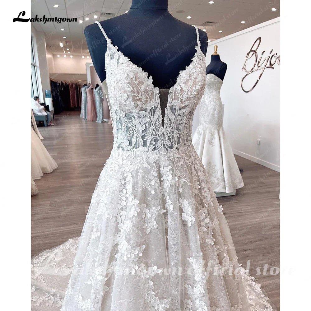 NumberSea - NumberSea Princess Lace Wedding Dress Robe de mariee Sexy Bridal Plunging V Neck Tulle Boho Wedding Gown Backless