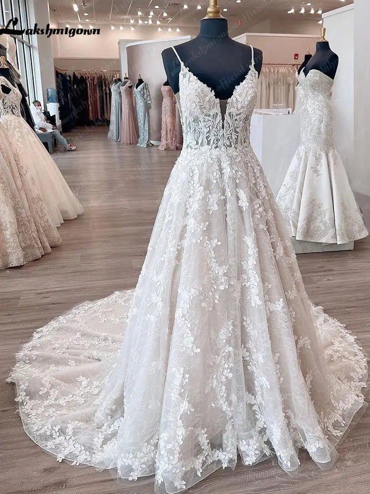 NumberSea - NumberSea Princess Lace Wedding Dress Robe de mariee Sexy Bridal Plunging V Neck Tulle Boho Wedding Gown Backless