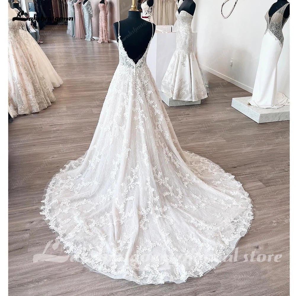 NumberSea - NumberSea Princess Lace Wedding Dress Robe de mariee Sexy Bridal Plunging V Neck Tulle Boho Wedding Gown Backless