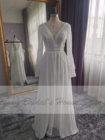 NumberSea - NumberSea Puffy Long Sleeve Dress Women Boho Wedding Dresses