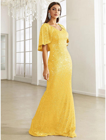 Meerjungfrau/Trompete Abendkleid Sparkle &amp; Shine Kleid Formal Herbst Sweep/Pinselzug Halbarm V-Ausschnitt Pailletten mit Glitzer