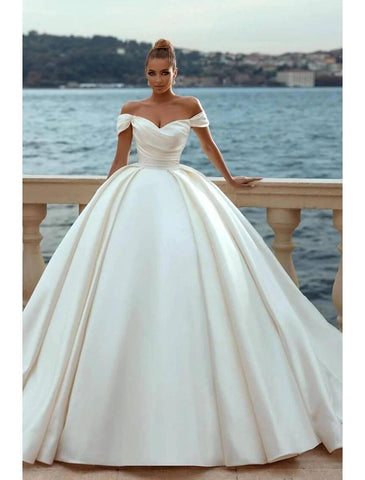 Verlobungs-Hochzeitskleider Ballkleid schulterfrei Flügelärmel Hofschleppe Satin-Brautkleider für die Kirche mit geraffter Volltonfarbe Sommer-/Herbsthochzeitsfeier