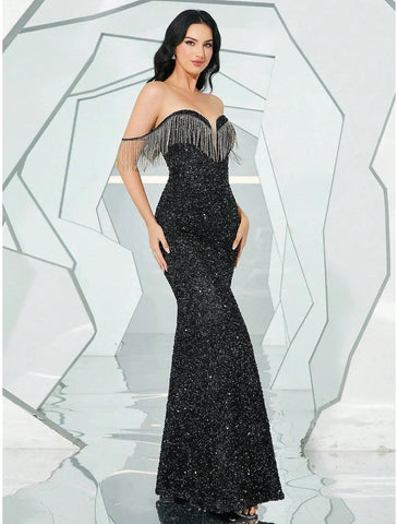 Meerjungfrau/Trompete Abendkleid Sparkle &amp; Shine Kleid Formal Herbst Bodenlang Ärmellos Sweetheart Pailletten mit Glitzer Quaste