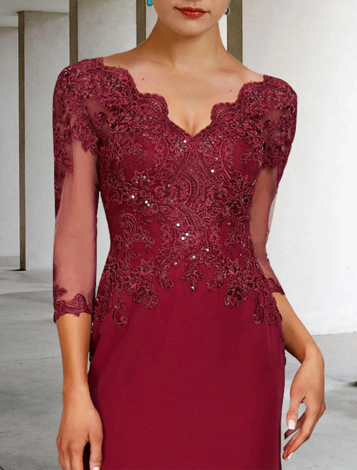 Mermaid / Trumpet Mother of the Bride Dress Luxurious Elegant V Neck Court Train Lace Stretch Chiffon 3/4 Length Sleeve with Sequin Appliques
