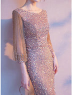 Sheath / Column Mother of the Bride Dress Elegant Sparkle & Shine Petite Jewel Neck Floor Length Sequined 3/4 Length Sleeve with Solid Color