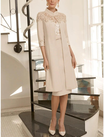 Vestido de dos piezas para madre de la novia, estilo tubo/columna, para invitada de boda, elegante, cuello joya, largo hasta la rodilla, tejido elástico, media manga con encaje, cuentas y lentejuelas.