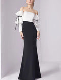 Vestido de noche estilo sirena/trompeta, minimalista, para invitados de boda, de compromiso, largo hasta el suelo, mangas 3/4, cuello joya, tejido elástico con pliegues y volantes.