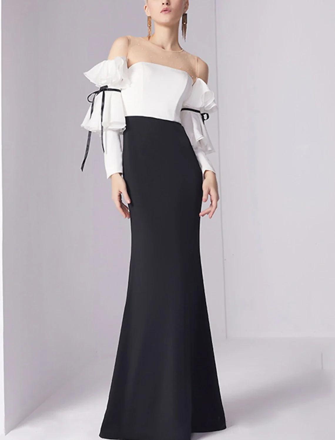 Vestido de noche estilo sirena/trompeta, minimalista, para invitados de boda, de compromiso, largo hasta el suelo, mangas 3/4, cuello joya, tejido elástico con pliegues y volantes.