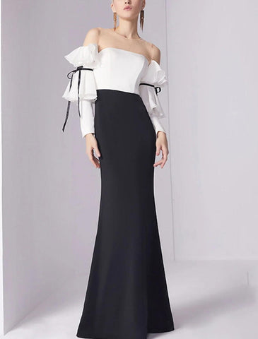 Meerjungfrau/Trompete Abendkleid Minimalistisches Kleid Hochzeitsgast Verlobung Bodenlang 3/4 Ärmel Rundhals Stretchstoff mit Falten Rüschen