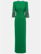 Etui-/Säulen-Abendkleid, elegantes Kleid, formelles Kleid, bodenlang, 3/4-Ärmel, Rundhalsausschnitt, Stretch-Stoff mit Glitzerschlitz