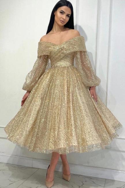 Vestido de fiesta dorado con lentejuelas, hombros descubiertos y mangas largas, corte A y estampado de obsesión