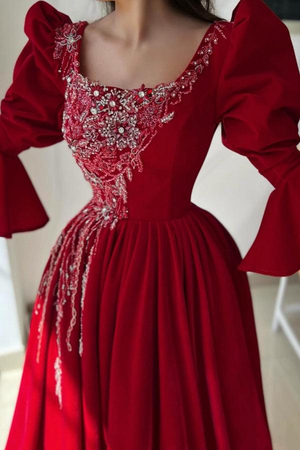 Vestido de fiesta largo rojo con escote cuadrado, encaje y mangas largas