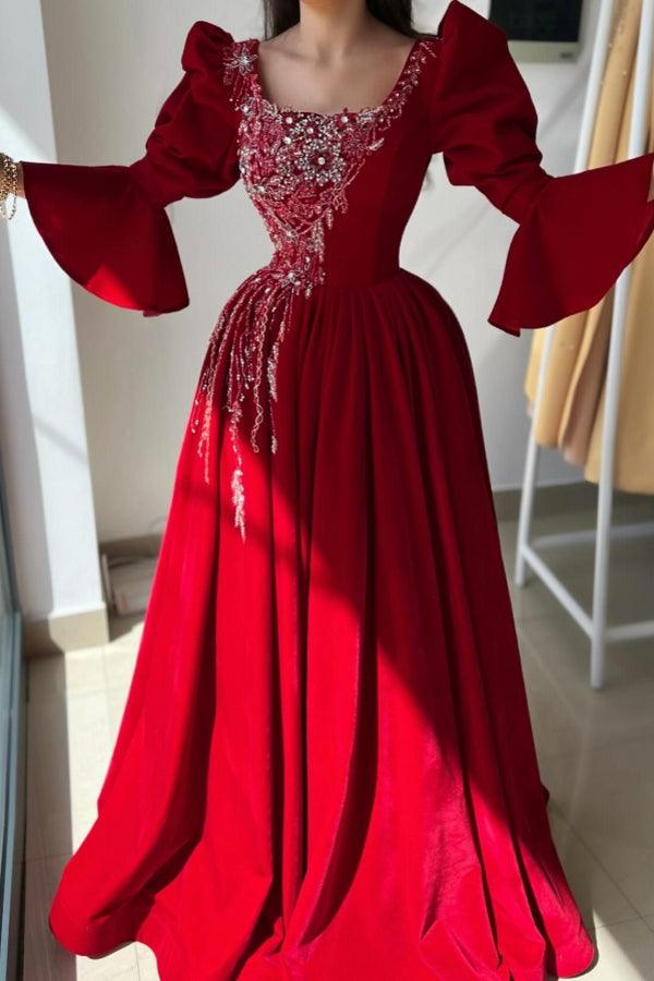 Vestido de fiesta largo rojo con escote cuadrado, encaje y mangas largas