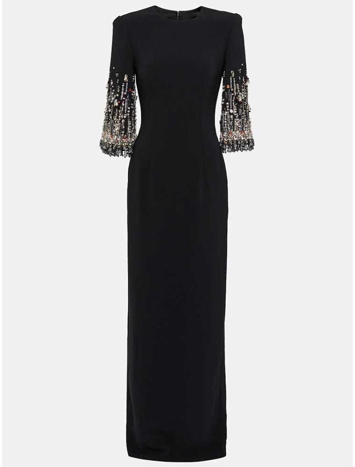 Etui-/Säulen-Abendkleid, elegantes Kleid, formelles Kleid, bodenlang, 3/4-Ärmel, Rundhalsausschnitt, Stretch-Stoff mit Glitzerschlitz