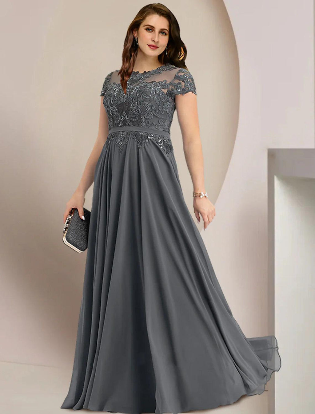 Mother of the Bride Dresses Plus Size Curve Hide Belly Wedding Guest Party Elegant Jewel Neck Floor Length Chiffon Lace Short Sleeve with Pleats Mother of the Bride Dresses Plus Size Curve Hide Belly Wedding Guest Party Elegant Jewel Neck Floor Length Chiffon Lace Short Sleeve with Pleats