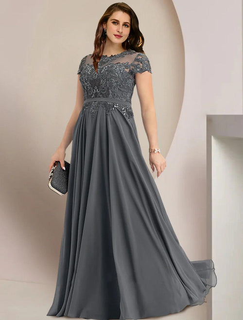 Mother of the Bride Dresses Plus Size Curve Hide Belly Wedding Guest Party Elegant Jewel Neck Floor Length Chiffon Lace Short Sleeve with Pleats