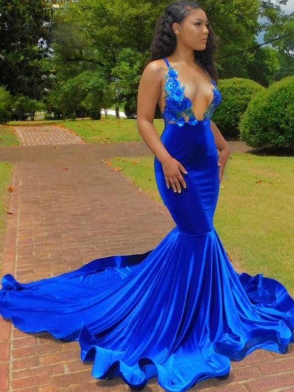 Vestido de corte sirena/trompeta con apliques de satén elástico, escote en V, sin mangas y cola de corte