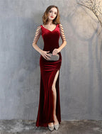 Vestidos de fiesta de sirena/trompeta, elegantes, formales, para invitados de boda, largos hasta el suelo, sin mangas, cuello en V, de terciopelo con flecos y borlas.