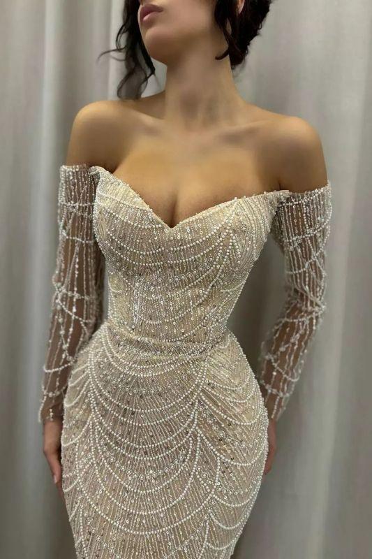 Schulterfreies Glitzerperlen Abendkleid Meerjungfrau Lange Ärmel Ballkleid mit Perlenbesatz