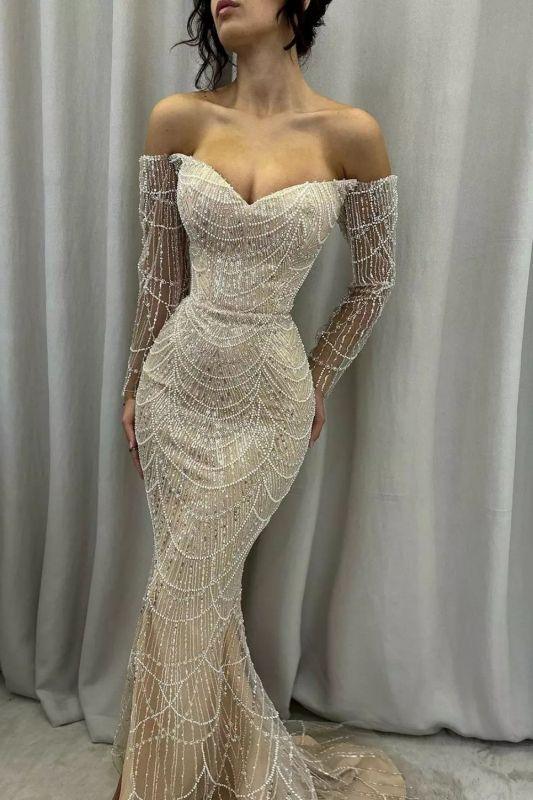 Schulterfreies Glitzerperlen Abendkleid Meerjungfrau Lange Ärmel Ballkleid mit Perlenbesatz
