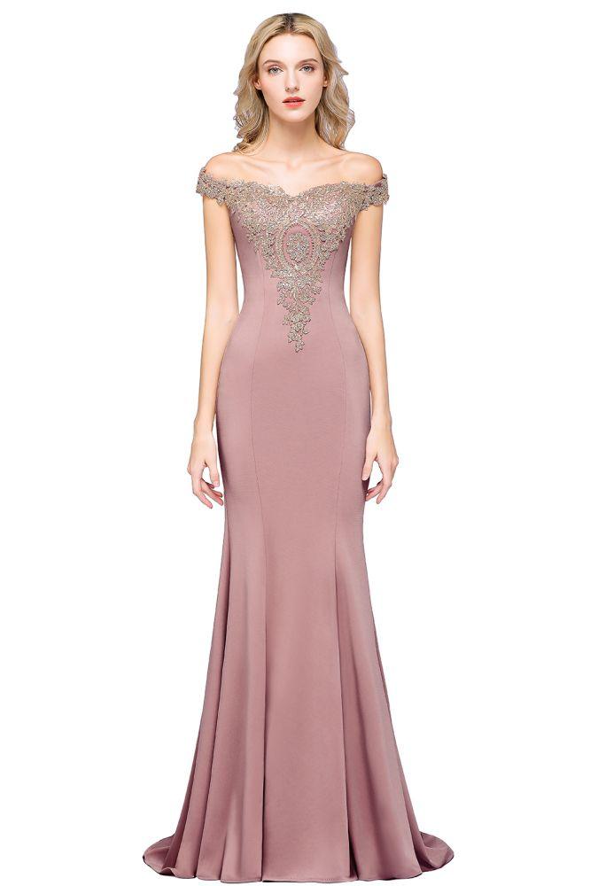 Vestido de noche estilo sirena con apliques dorados y hombros descubiertos, vestido de fiesta ajustado
