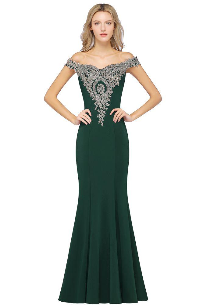 Vestido de noche estilo sirena con apliques dorados y hombros descubiertos, vestido de fiesta ajustado
