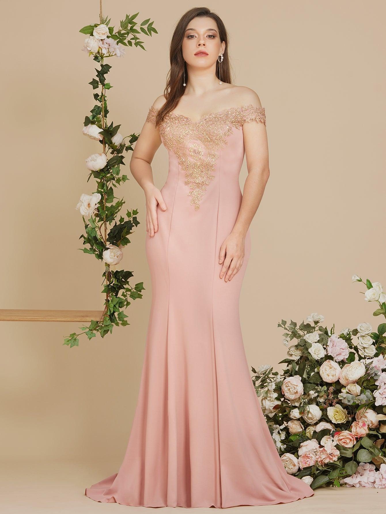 Vestido de noche estilo sirena con apliques dorados y hombros descubiertos, vestido de fiesta ajustado