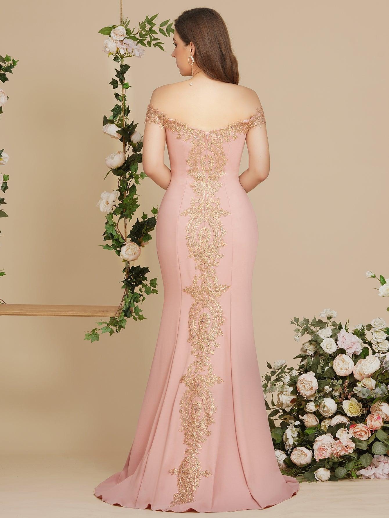 Vestido de noche estilo sirena con apliques dorados y hombros descubiertos, vestido de fiesta ajustado