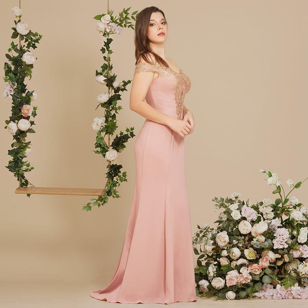 Off the Shoulder Gold Appliques Mermaid Evening Gowns Slim Prom Dress