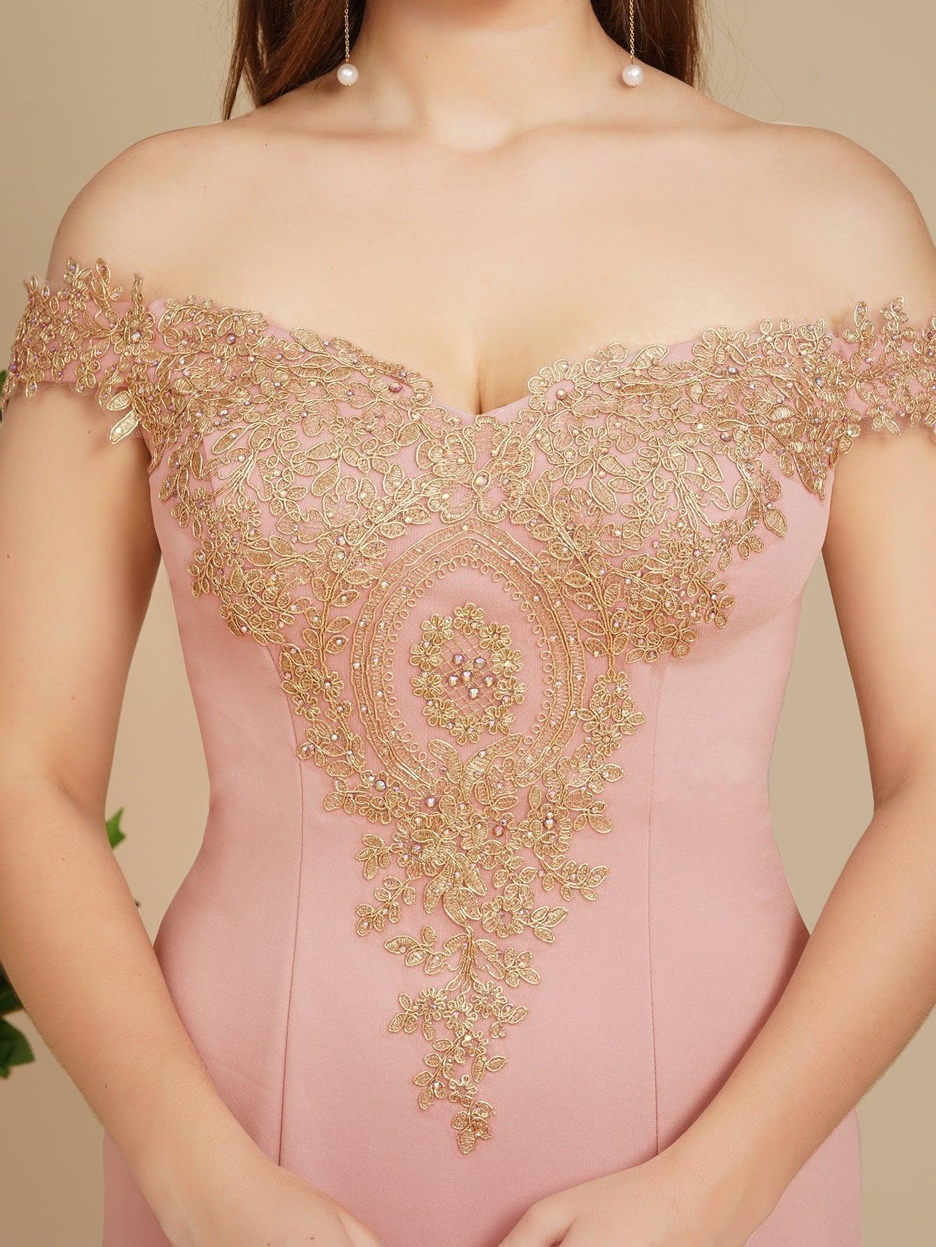 Vestido de noche estilo sirena con apliques dorados y hombros descubiertos, vestido de fiesta ajustado