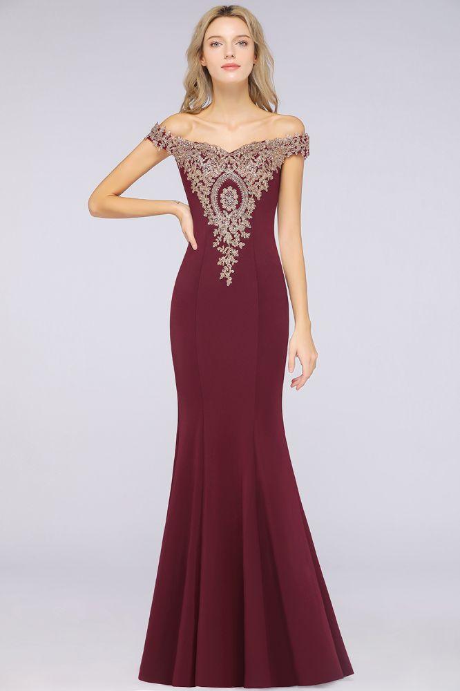 Vestido de noche estilo sirena con apliques dorados y hombros descubiertos, vestido de fiesta ajustado