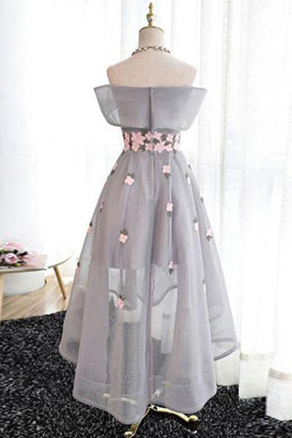 Off-the-Shoulder High Low Grey Tulle Homecoming Dress With Appliques