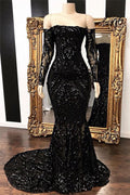 Vestidos de fiesta sexys de corte sirena con cola larga y hombros descubiertos