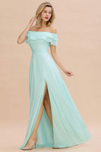 Off the Shoulder Mini-Green Front Slit Bridesmaid Dress Aline Beach Wedding Dress