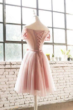 Off The Shoulder Pink Lace Tulle Short Prom Dress Homecoming Dress