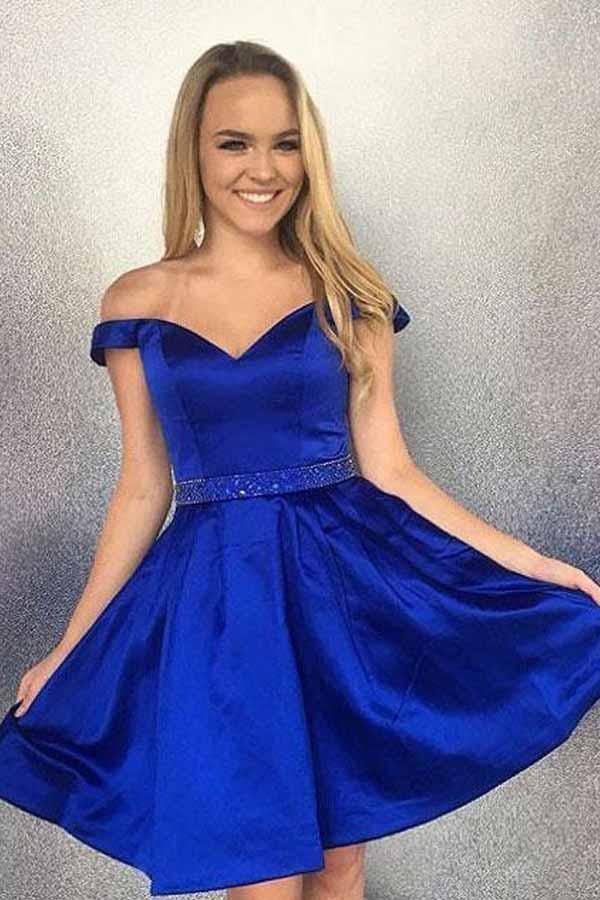 Vestidos de fiesta de satén con hombros descubiertos y cuentas, con bolsillo