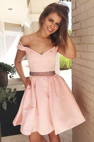 Off the Shoulder Short Pink Party Dress Homecoming Dress with Pockets