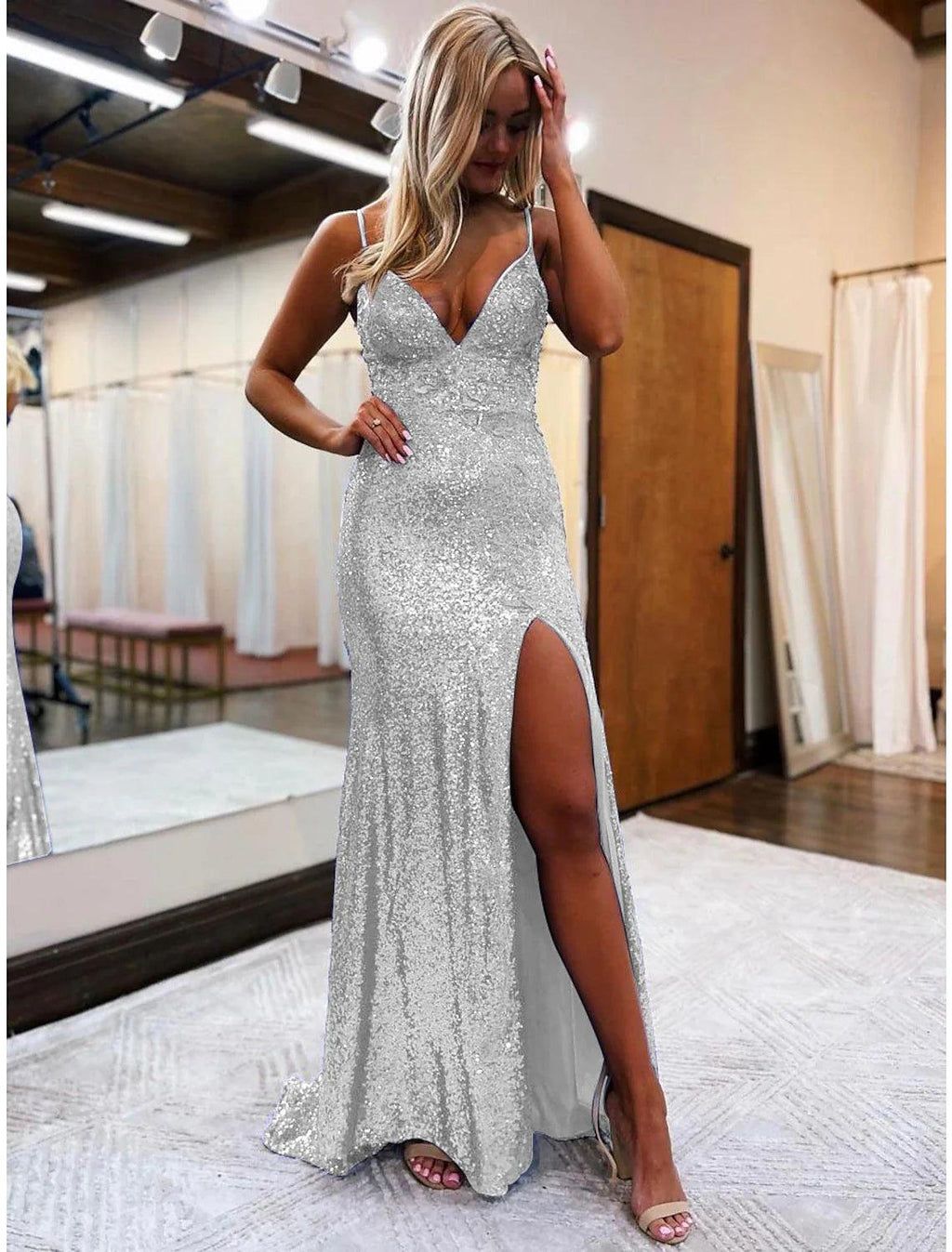 Vestidos de fiesta de sirena/trompeta con brillo y brillo, vestido formal para fiesta de bodas, cola larga/cepillo, sin mangas, cuello en V, lentejuelas, espalda descubierta con lentejuelas brillantes