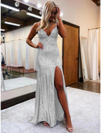 Vestidos de fiesta de sirena/trompeta con brillo y brillo, vestido formal para fiesta de bodas, cola larga/cepillo, sin mangas, cuello en V, lentejuelas, espalda descubierta con lentejuelas brillantes