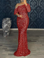 Mermaid Dress Evening Gown Christmas Red Green Dress Cocktail Party Sweep / Brush Train Long Sleeve One Shoulder Sequined with Sequin