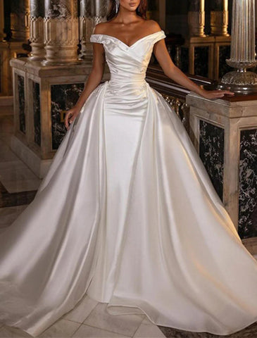 Verlobungs-Hochzeitskleider Ballkleid Off Shoulder Cap Sleeve Chapel Train Satin Brautkleider mit geraffter Blume