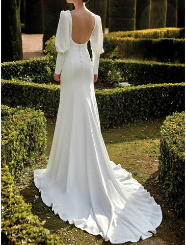 Hall Open Back Royal Style Herbst Formelle Brautkleider Etui/Säule V-Ausschnitt Langarm Hofschleppe Stretchstoff Brautkleider mit Schlitz vorne Volltonfarbe