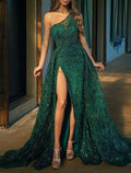 Vestido de fiesta rojo y verde de sirena para Navidad, vestido verde esmeralda para invitados de boda, cola larga, manga corta, un hombro, lentejuelas